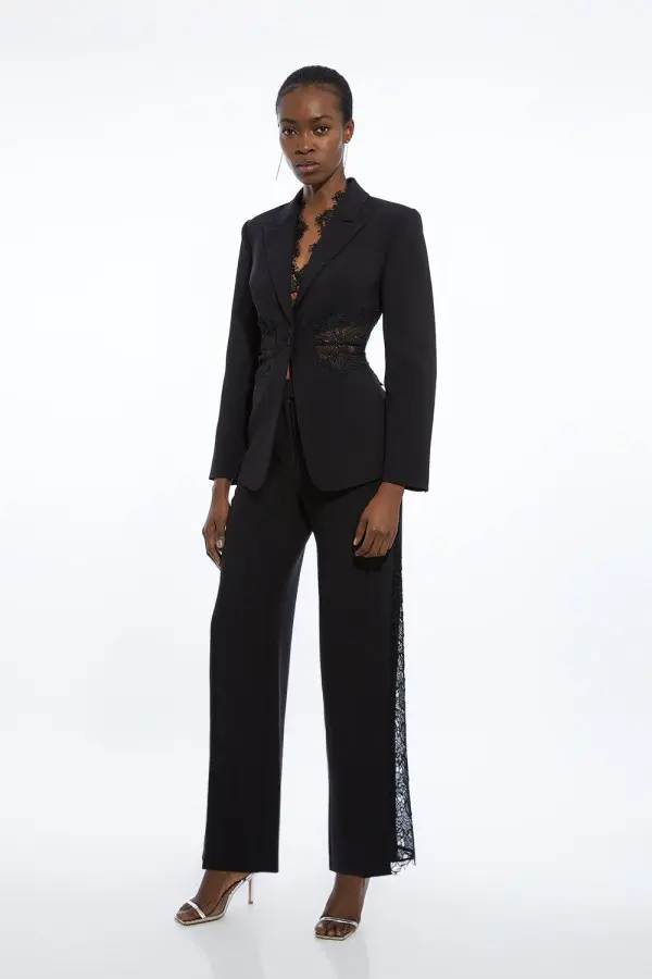 Petite Tailored Lace Detail Straight Leg Trousers