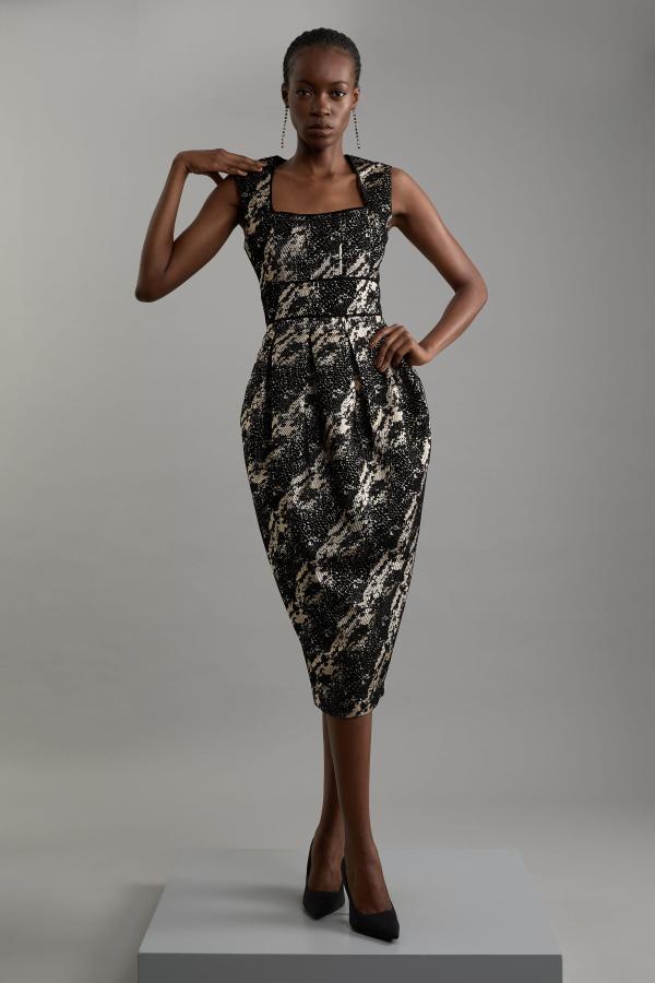 Metallic Velvet Jacquard Tailored Square Neck Midi Dress