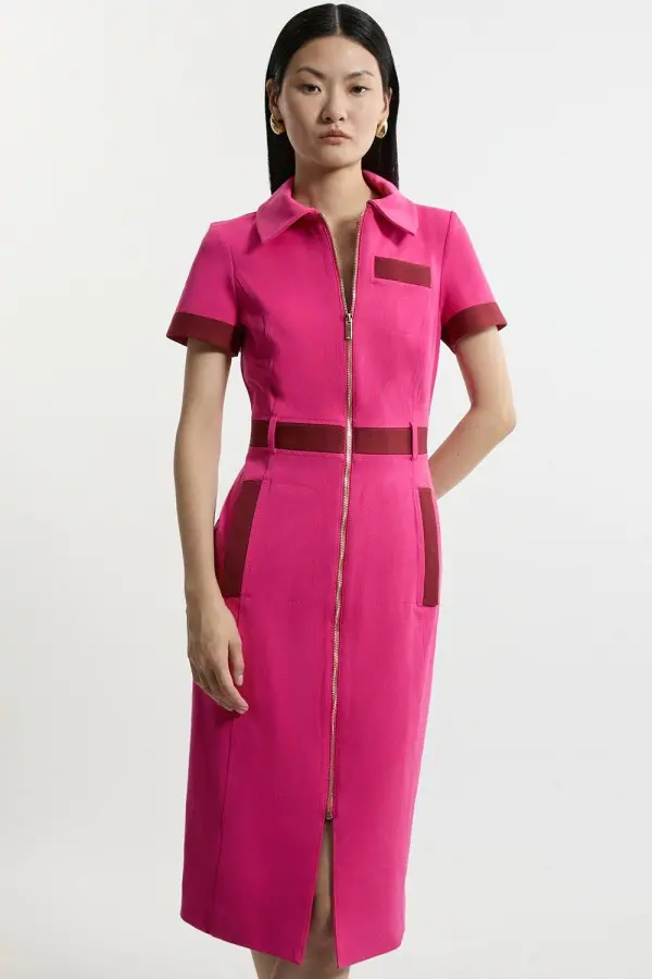 Compact Stretch Colourblock Grosgrain Zip Midi Dress