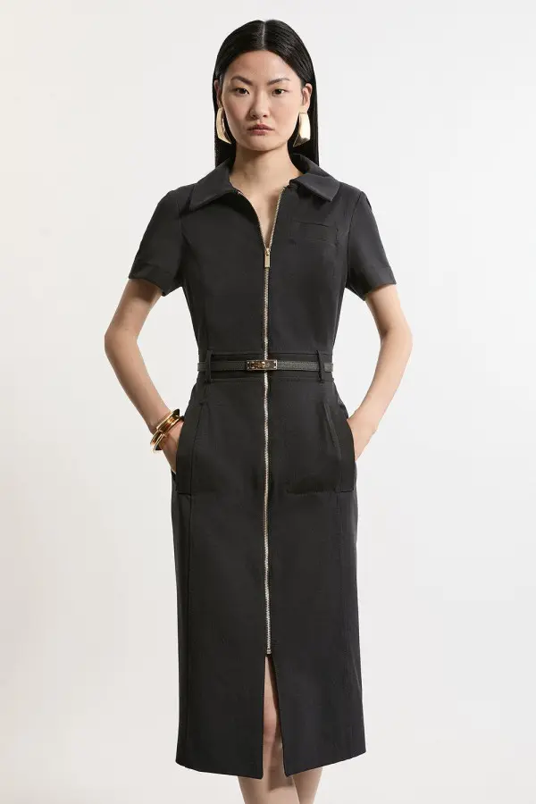 Compact Stretch Colourblock Grosgrain Zip Midi Dress