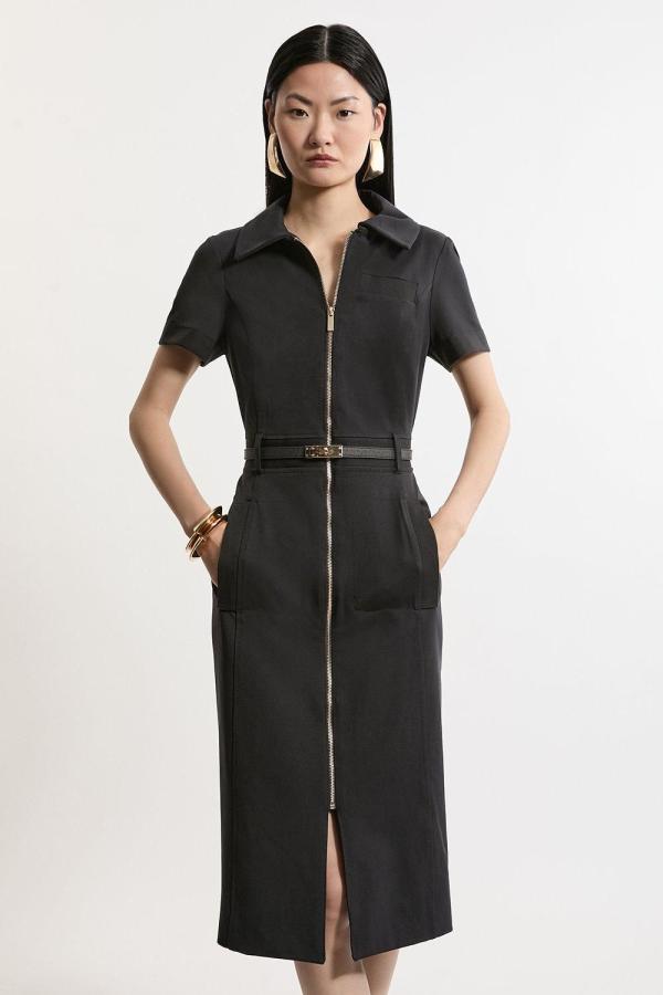 Compact Stretch Colourblock Grosgrain Zip Tailored Midi Dress