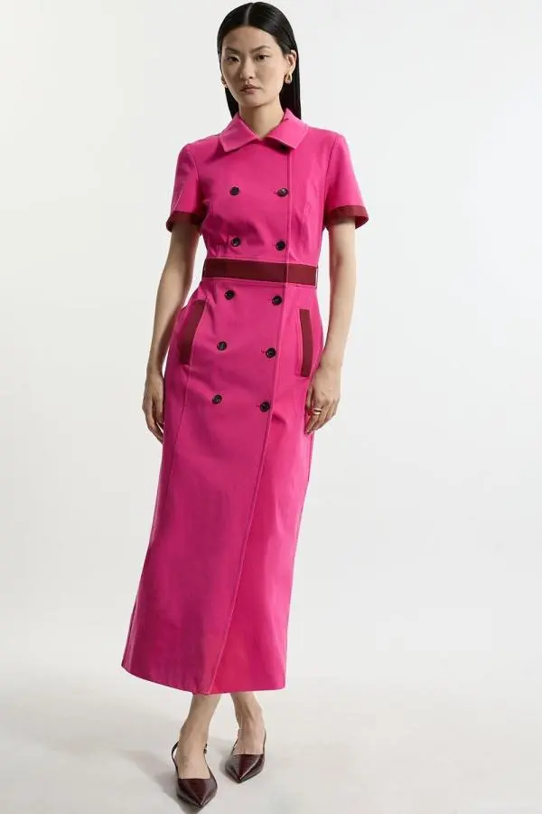 Compact Stretch Colourblock Grograin Button Tailored Midi Dress