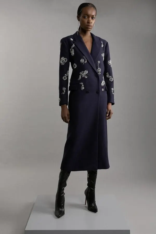 Tailored Wool Blend Embellished Maxi Coat