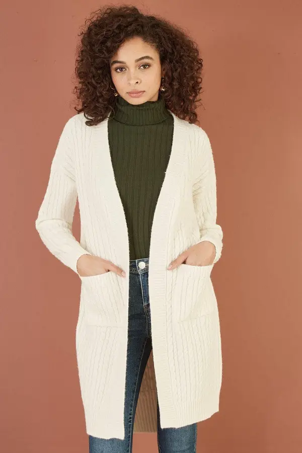 Ivory Cable Knit Edge to Edge Long Cardigan With Pockets