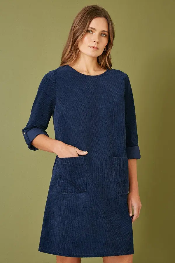 Navy Cord Tunic Dress With 3/4 Sleeves And Pockets