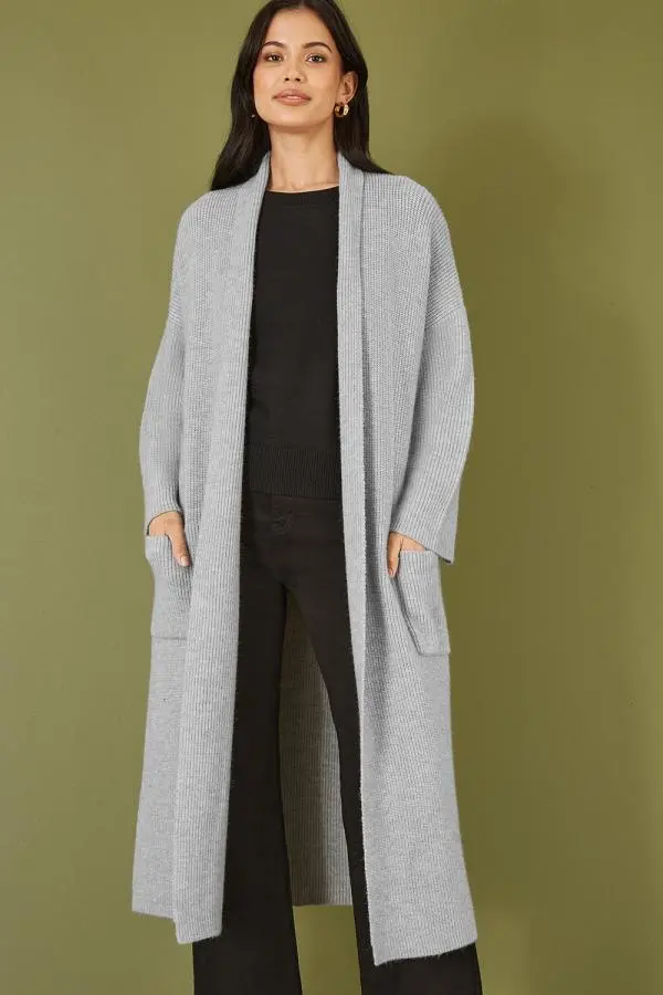 Grey Knitted Maxi Cardigan With Pockets