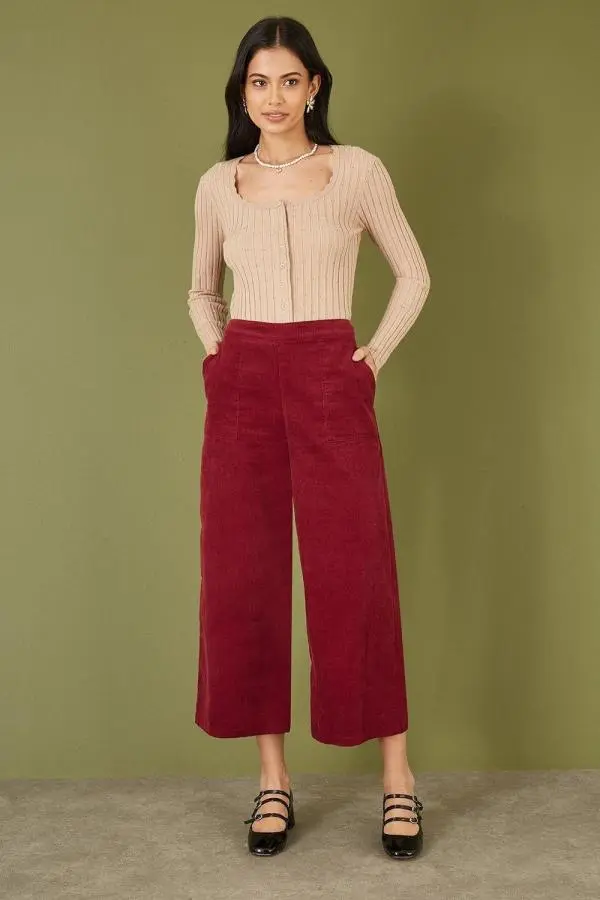 Burgundy Cord Cropped Wide Leg Trousers With Pockets