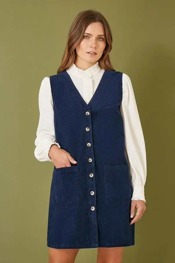 Navy Cord Button Through Pinafore Dress With Pockets