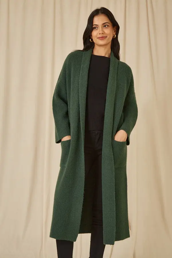 Green Knitted Maxi Cardigan With Pockets