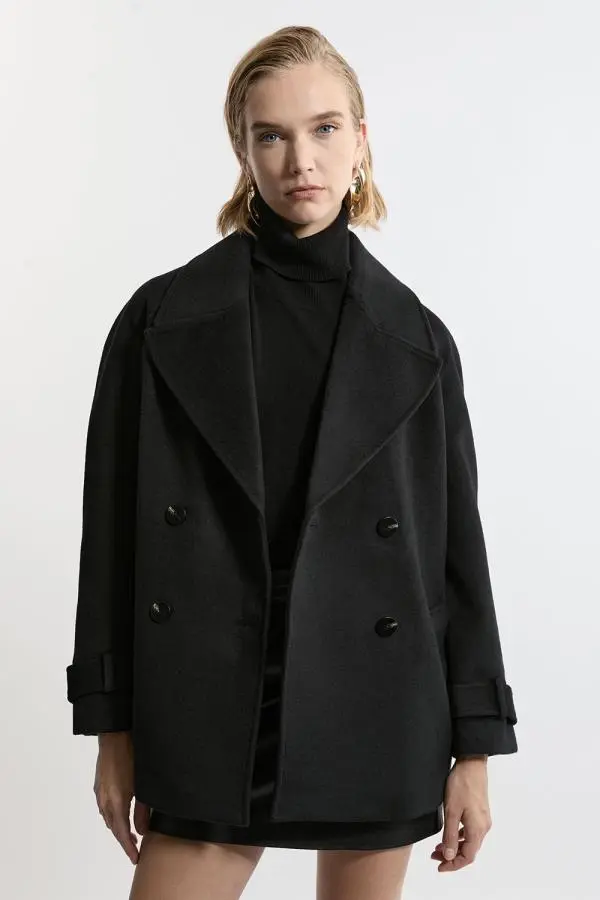 Tailored Wool Blend Double Breasted Short Pea Coat