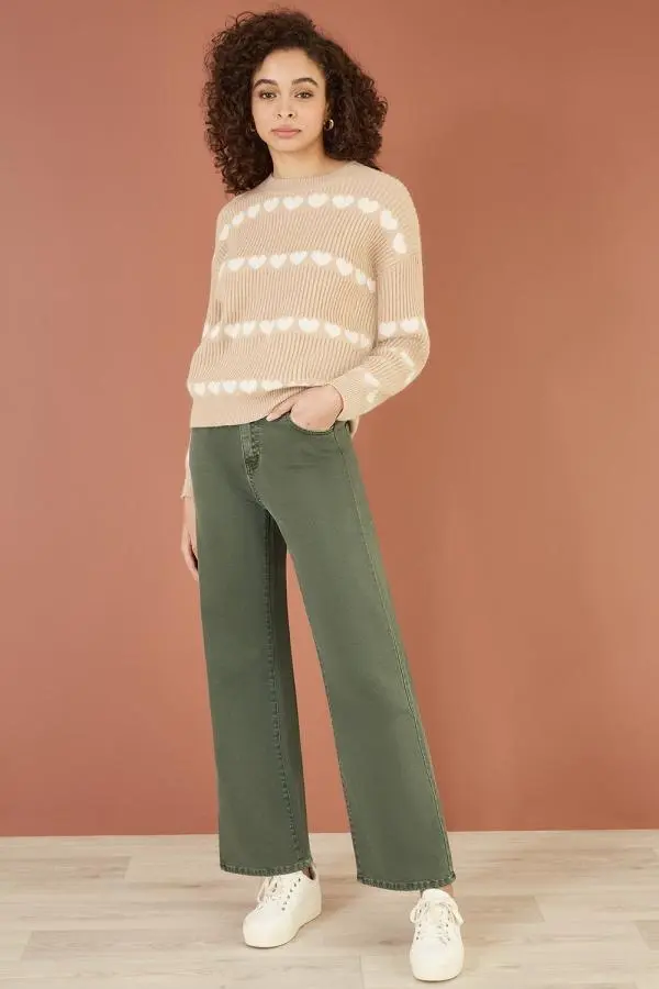 Green Stretch Canvas Wide Leg High Waist Jeans