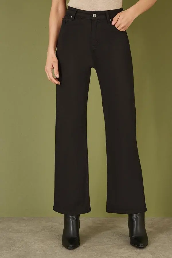 Black Stretch Canvas Wide Leg High Waist Jeans