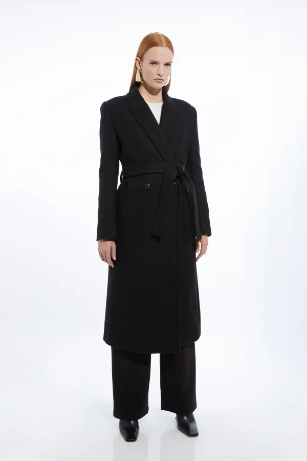 Petite Italian Manteco Wool Blend Wrap Belted Tailored Midi Coat