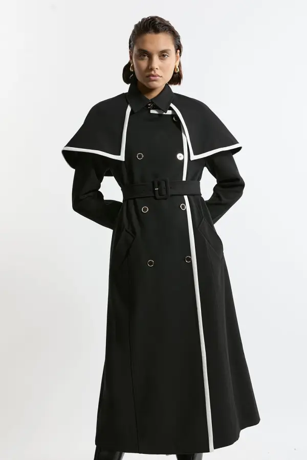 Compact Stretch Contrast Tipped Cape Trench Tailored Midi Coat