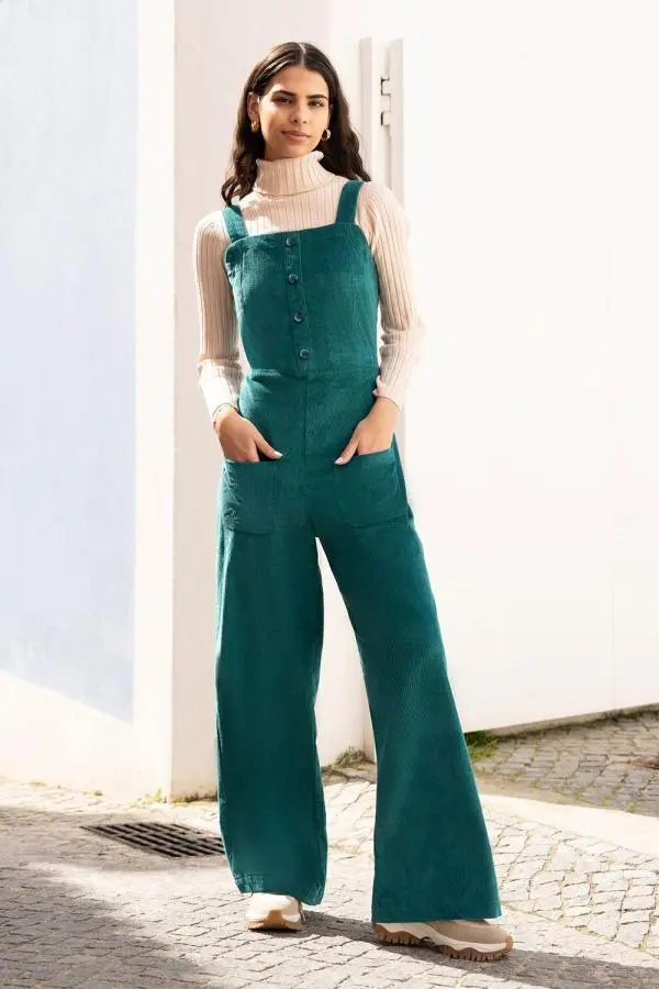 Teal Cord Stretch Dungaree Style Jumpsuit