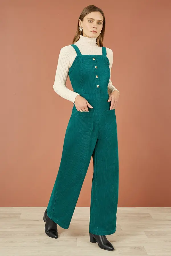 Teal Cord Stretch Dungaree Style Jumpsuit