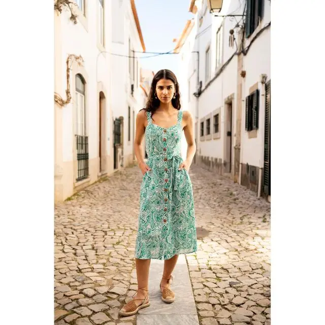 Green Paisley leaf Print Midi Sundress