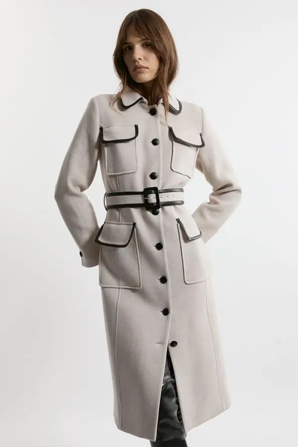 Premium Italian Manteco Wool Pocket Detail Belted Pu Tipped Tailored Midaxi Coat