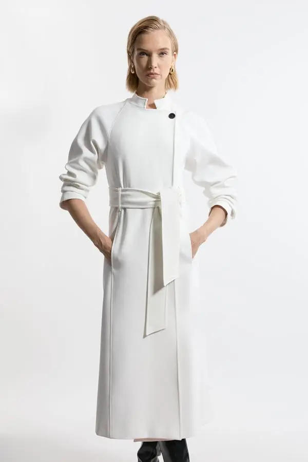 Compact Stretch Belted Tailored Midi Coat