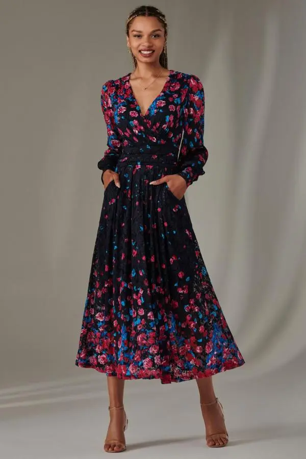 Dalia Symmetrical Print Lace Maxi Dress