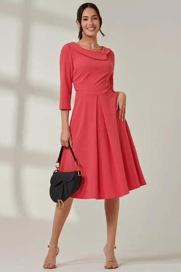 Fold Neckline Sleeved Midi Dress