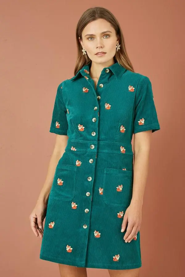 Teal Cord Shirt Dress With All Over Fox Embroidery