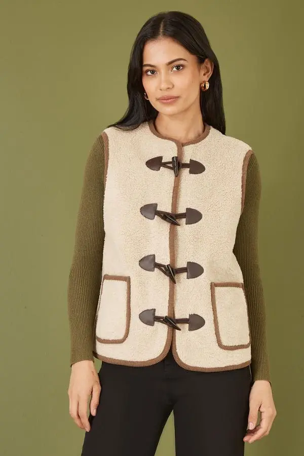 Cream Borg Gilet With Faux Leather Button Details