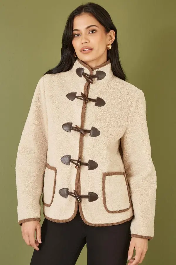 Cream Borg Jacket With Faux Leather Button Details