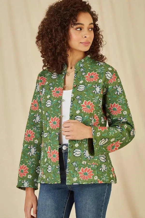 Green Floral Print Reversible Cotton Cropped Quilted Jacket