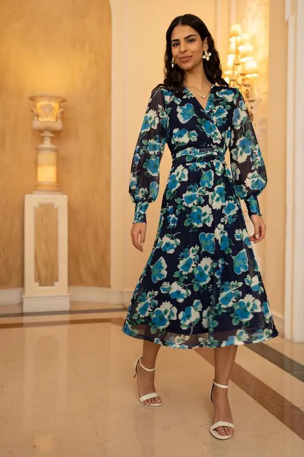 Blue Floral Mesh Wrap Dress With Long Sleeves