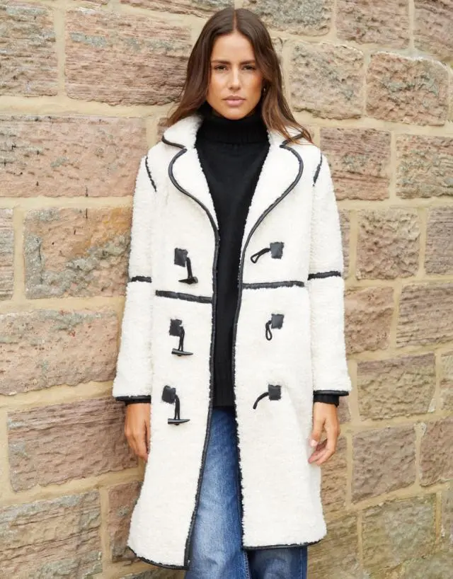 'Cloud' Longline Borg Toggle Coat With PU Trim