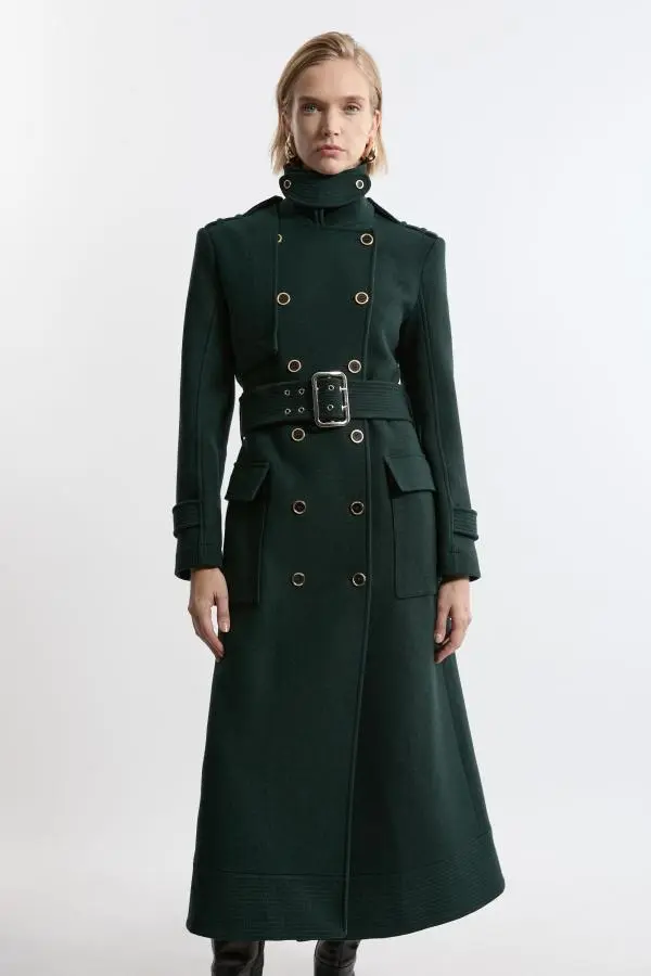 Premium Italian Manteco Wool Blend Belted Funnel Neck Tailored Midaxi Coat