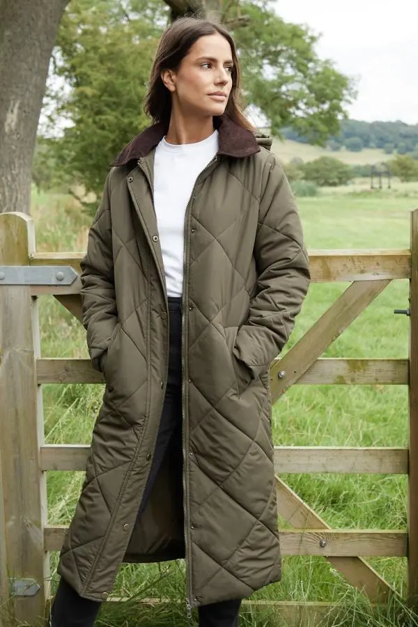 'Fir' Diamond Quilted Longline Barn Jacket with Removable Hood