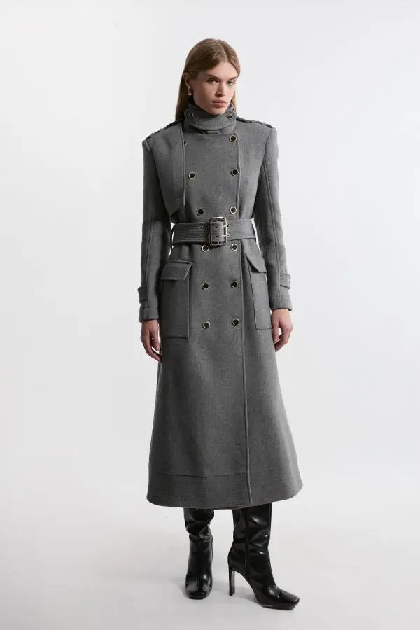 Premium Italian Manteco Wool Blend Belted Funnel Neck Tailored Midaxi Coat