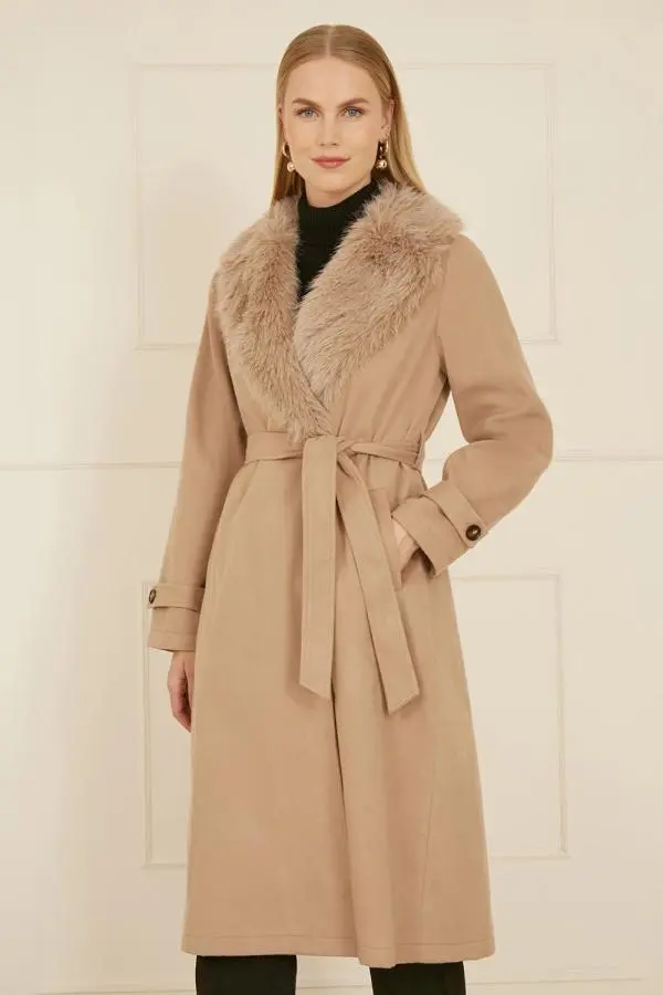 Beige Wrap Around Coat With Faux Fur Collar