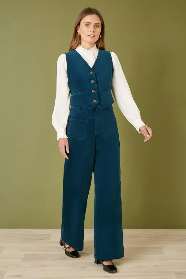 Teal Cord Trousers With Patch Pockets