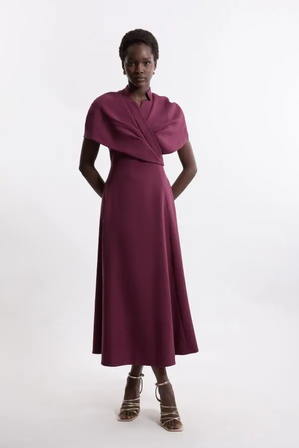 Structured Crepe Cape Detail Full Skirted Tailored Midi Dress