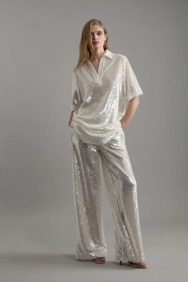 Sequin Woven Wide Leg Trouser