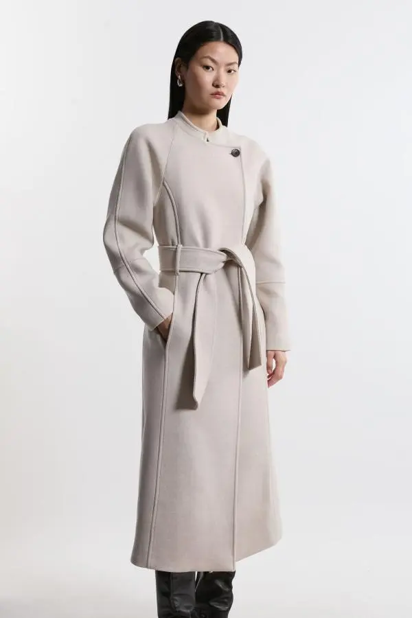 Premium Italian Manteco Wool Collarless Belted Tailored Midaxi Coat