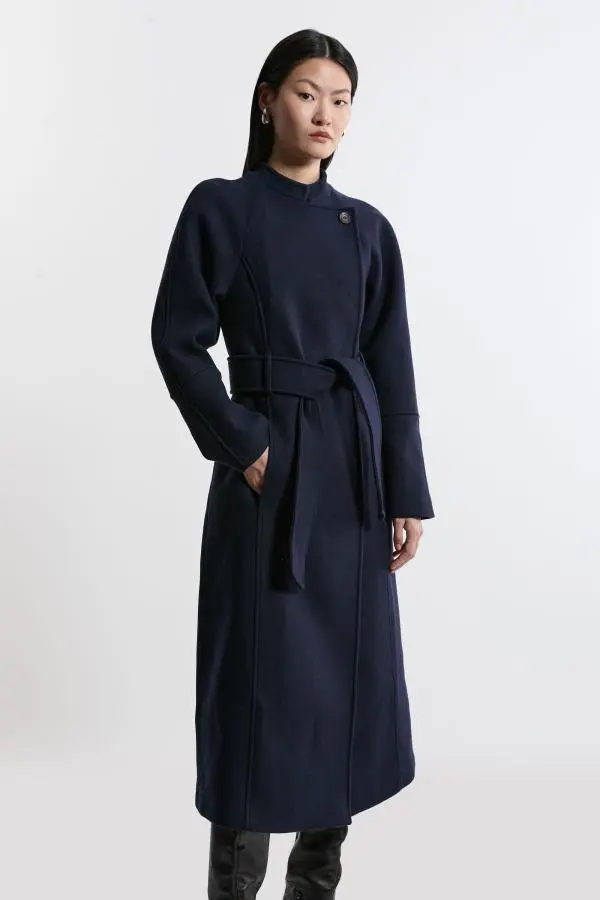 Premium Italian Manteco Wool Collarless Belted Tailored Midaxi Coat