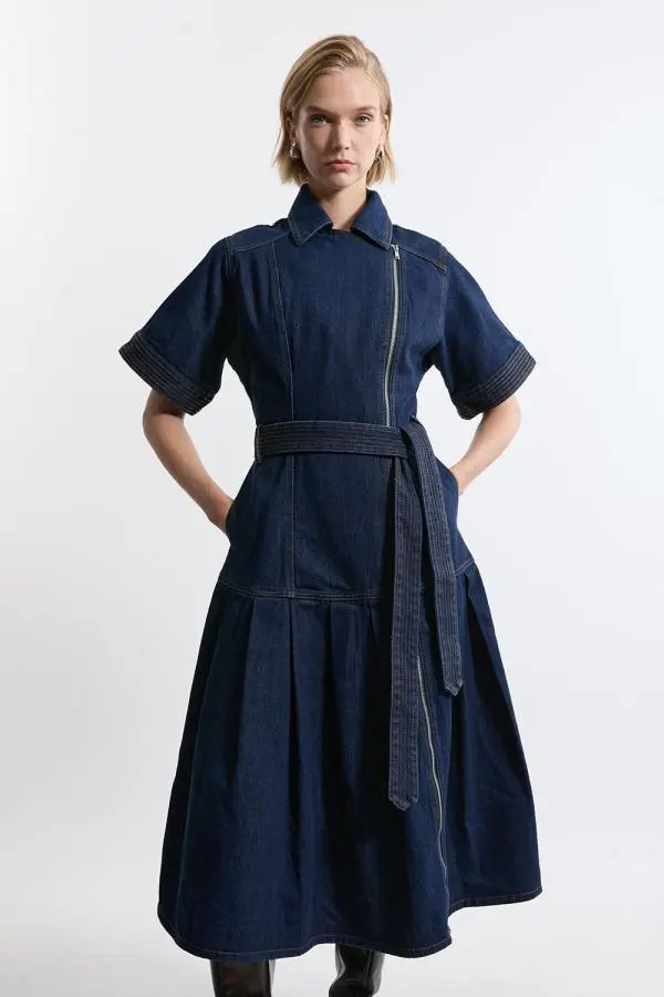 Petite Denim Pleated Hem Biker Dress