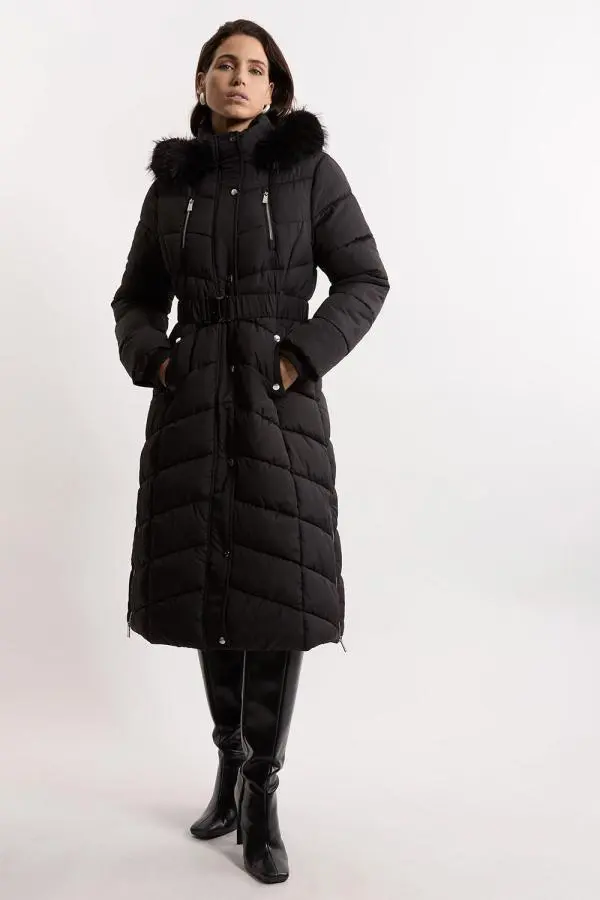 Faux Down Padded Belted Hooded Puffer Coat