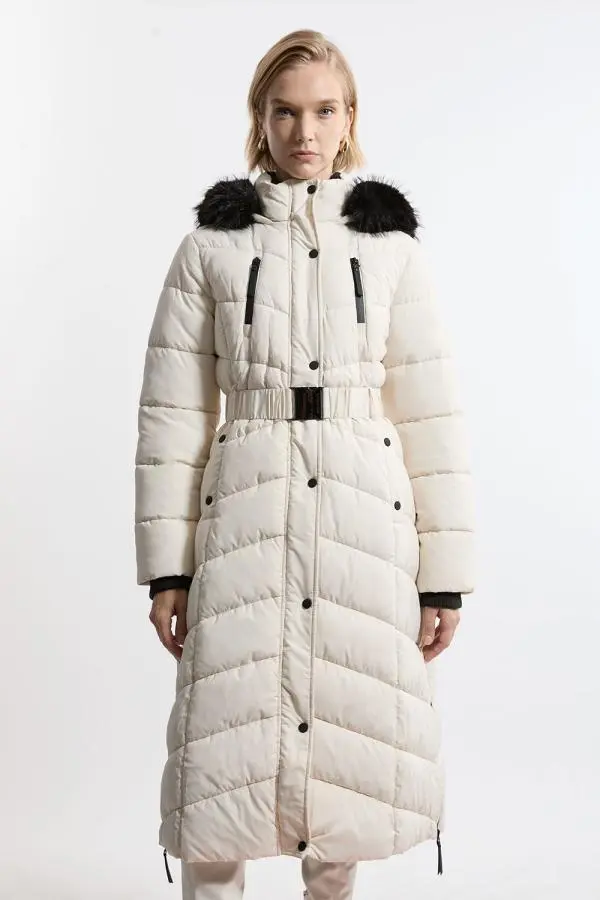 Faux Down Padded Belted Hooded Puffer Coat