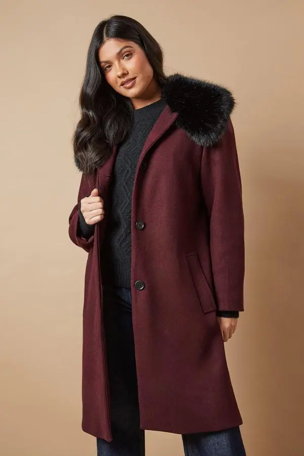 Fur Collar Button Through Coat