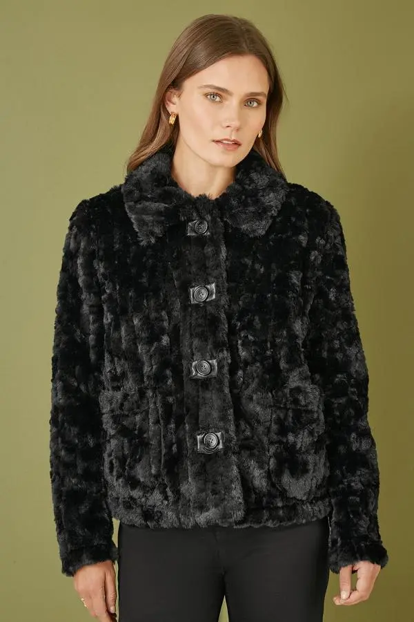 Yumi Black Luxe Textured Faux Fur Jacket With Pockets