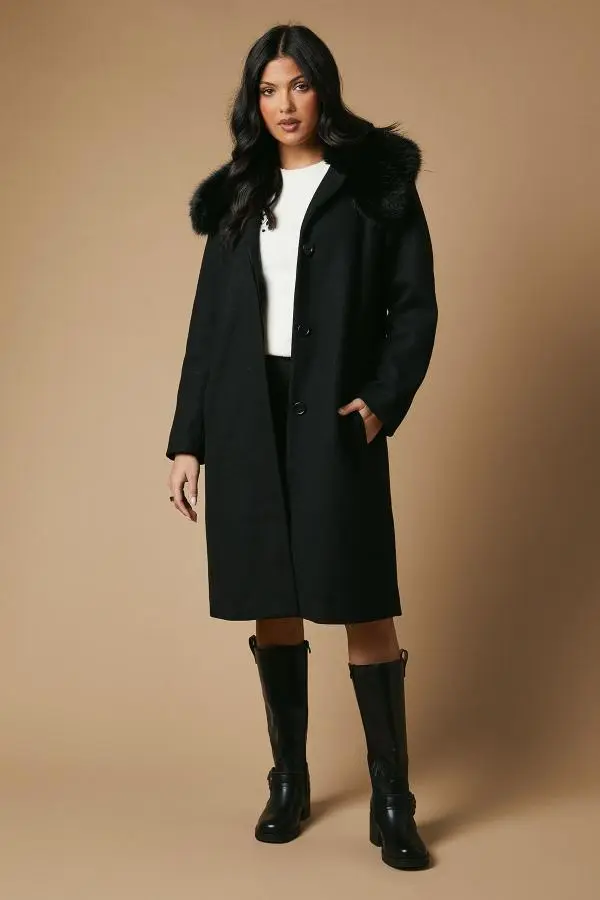 Fur Collar Button Through Coat