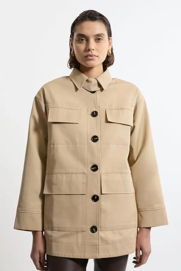 Cotton Contrast Lining Pocket Detail Coat