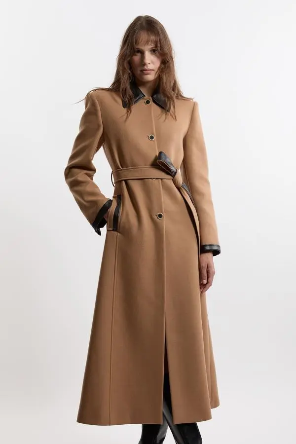 Premium Italian Manteco Wool Pu Trim Belted Tailored Maxi Coat