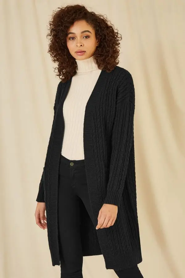 Black Cable Knit Edge to Edge Long Cardigan With Pockets