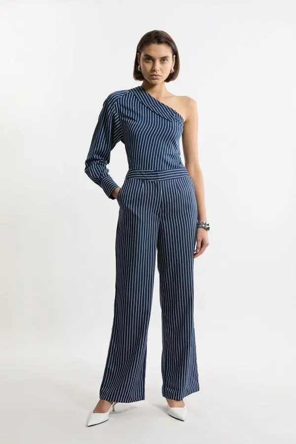 Striped Twill Wide Leg Woven Trouser